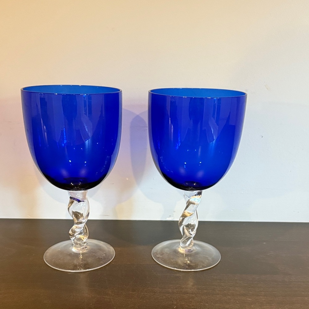 Vintage Vibrant Blue Goblet Pair with Twisted Stems